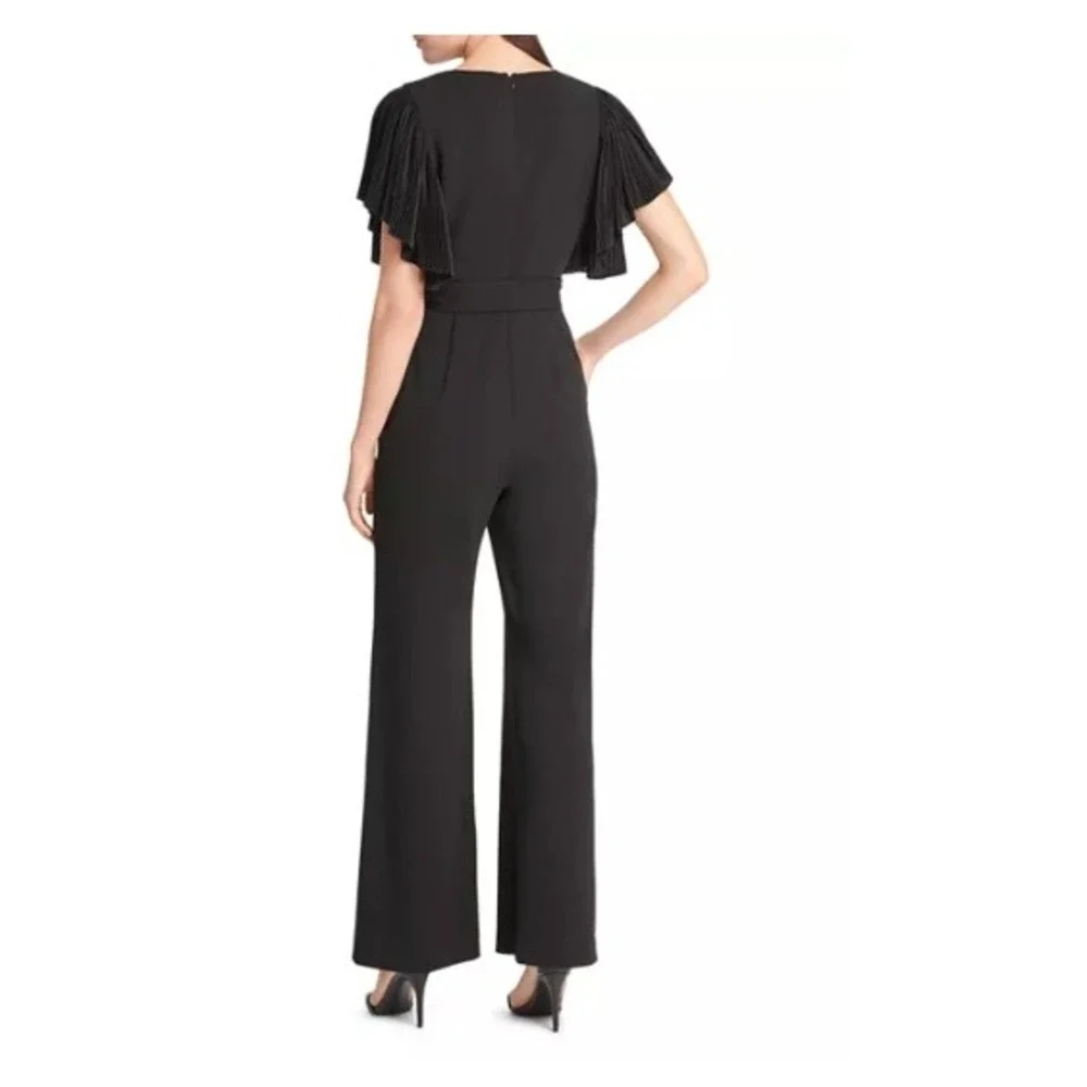 Eliza J Pleated Flutter Sleeve Belted V Neck Jumpsuit Black 14 Party Wedding - Picture 3 of 10